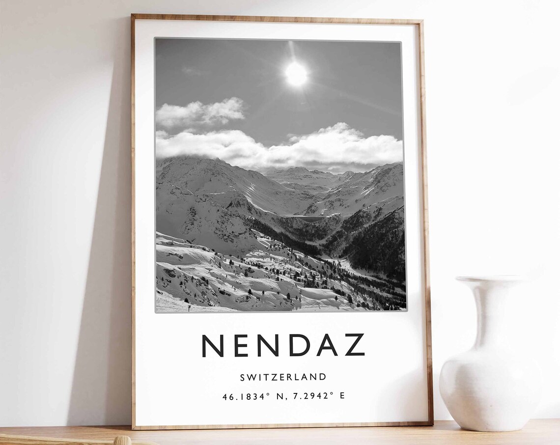 Nendaz Switzerland Snowy Ski Cable Car Black White Photo Travel Poster
