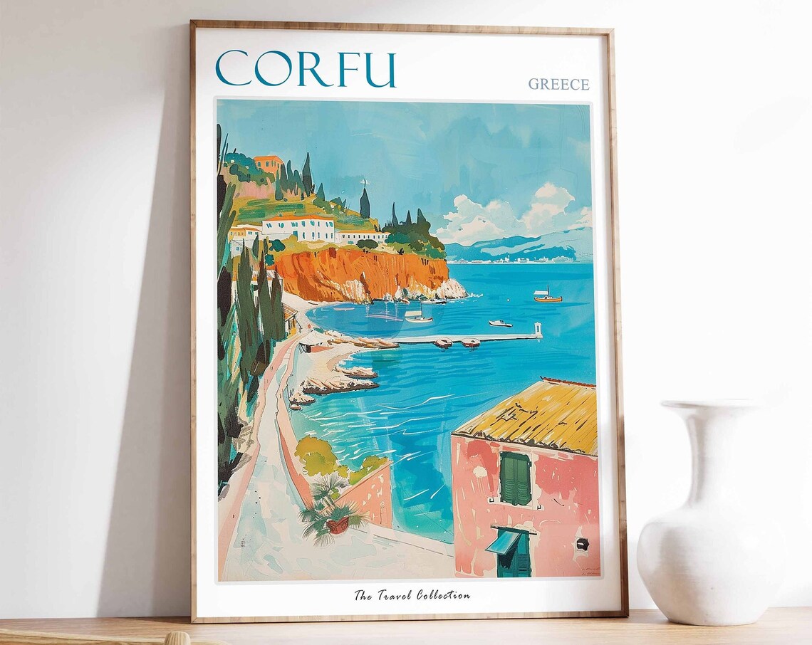 Corfu Greece Travel Poster Vintage Coastal Bay And Turquoise Waters