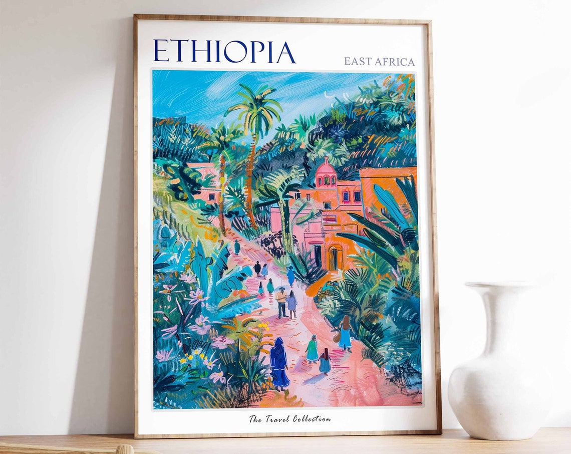 Ethiopia East Africa Village Palm Path Figures Travel Poster