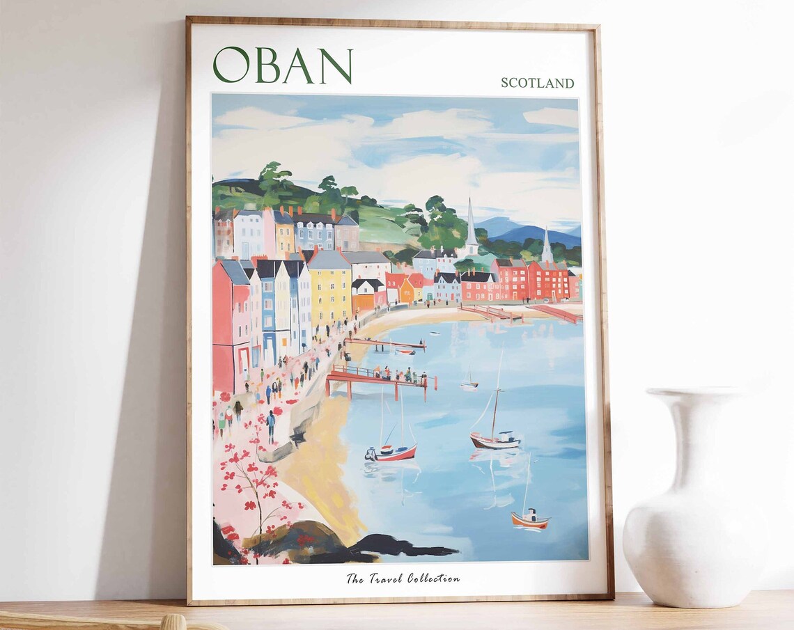 Oban Scotland Colorful Harbor Illustration Travel Poster Art