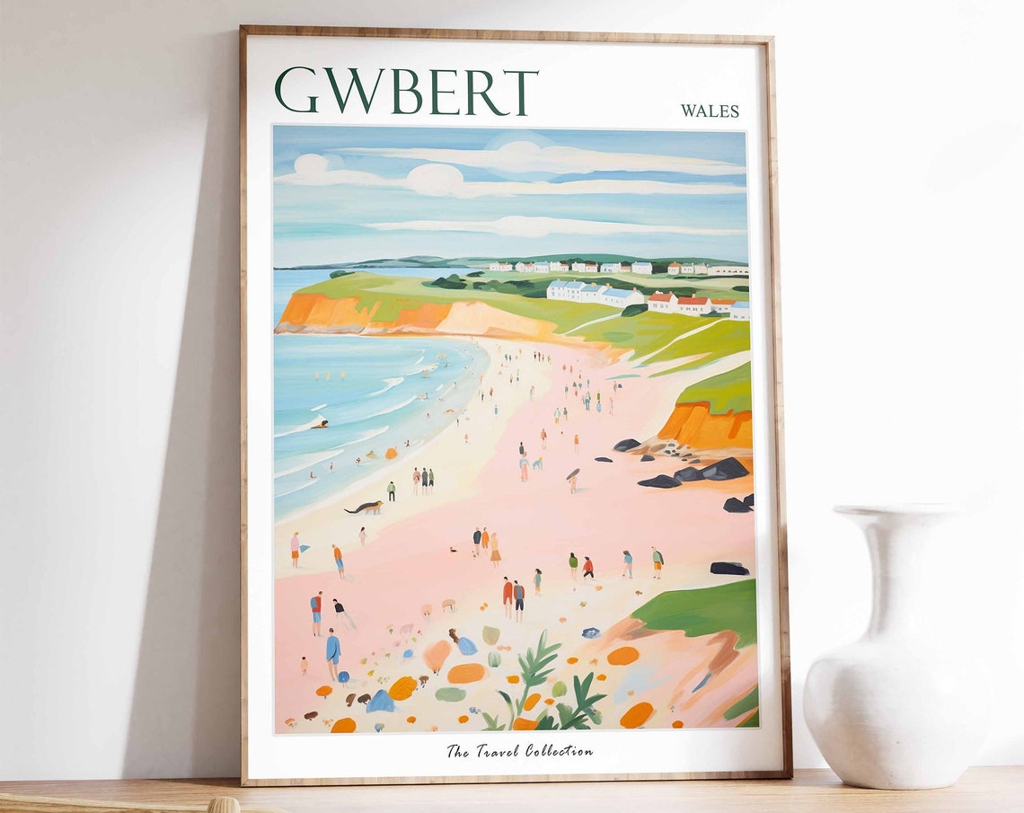 Gwbert Wales Wide Pink Beach with Bathers Vintage Travel Poster