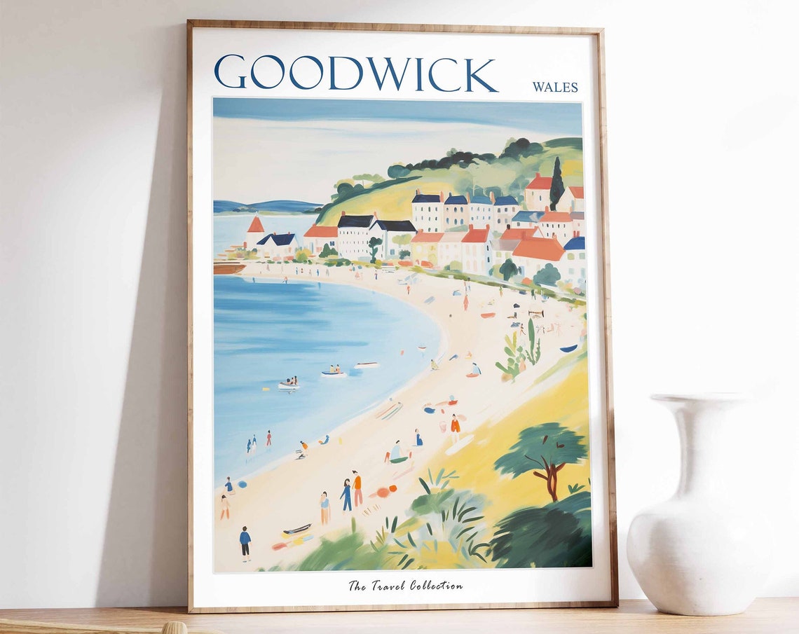 Goodwick Wales Curved Beach Hillside Cottages Summer Day Poster