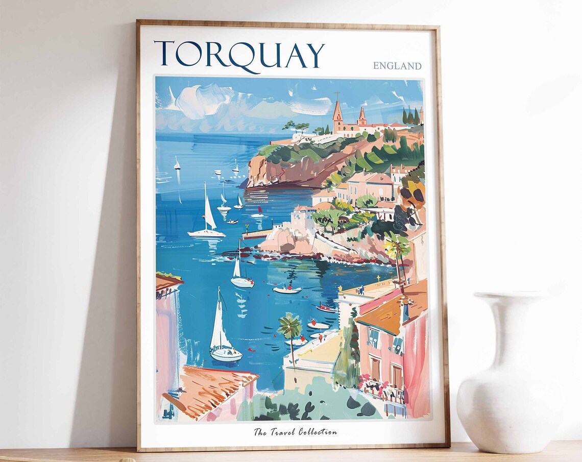 Torquay England Coastal Sailing Bay Cliff Church Scene Poster