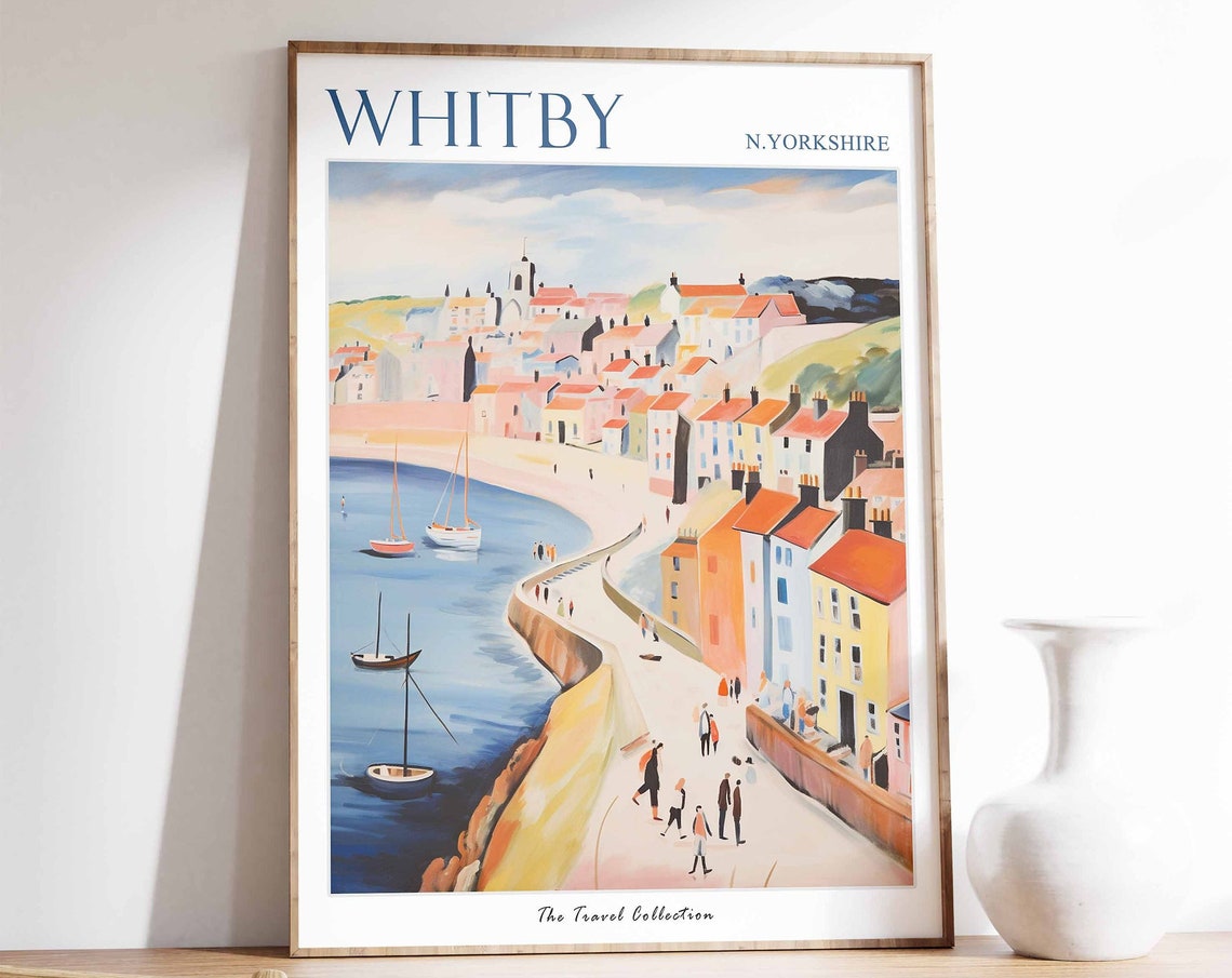 Whitby North Yorkshire Harbor Boats Hillside Town Travel Poster