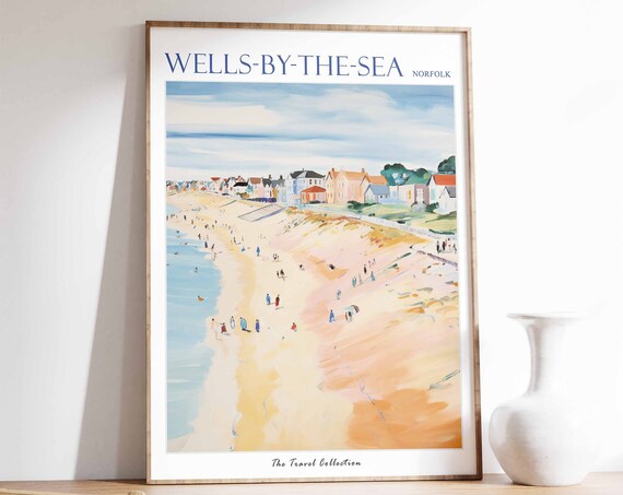 Wells-by-the-Sea Norfolk Wide Beach Town Sand Bathers Travel Poster