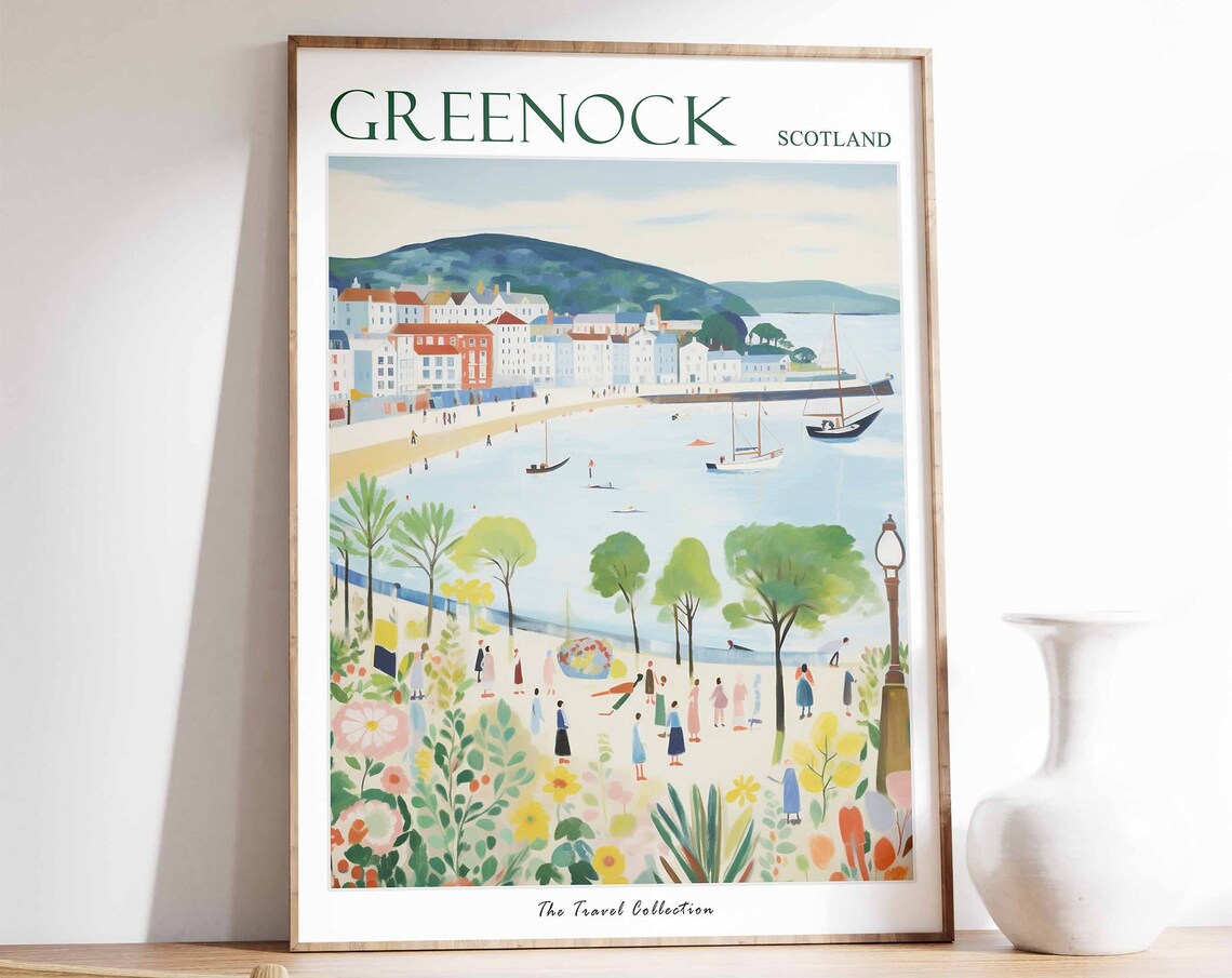 Greenock Scotland Blooming Garden Bay White Cottages Art Poster