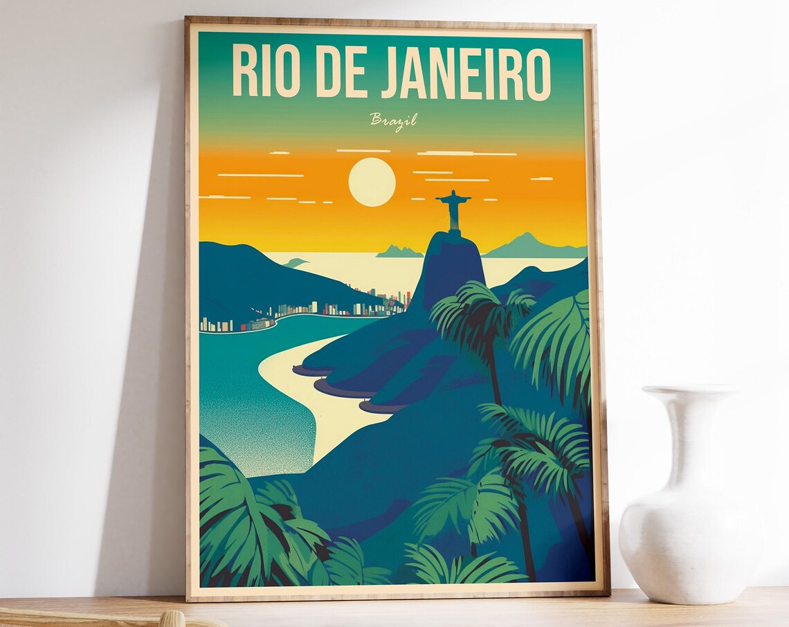 Rio de Janeiro Brazil Vintage Sunset Travel Poster with Christ Statue