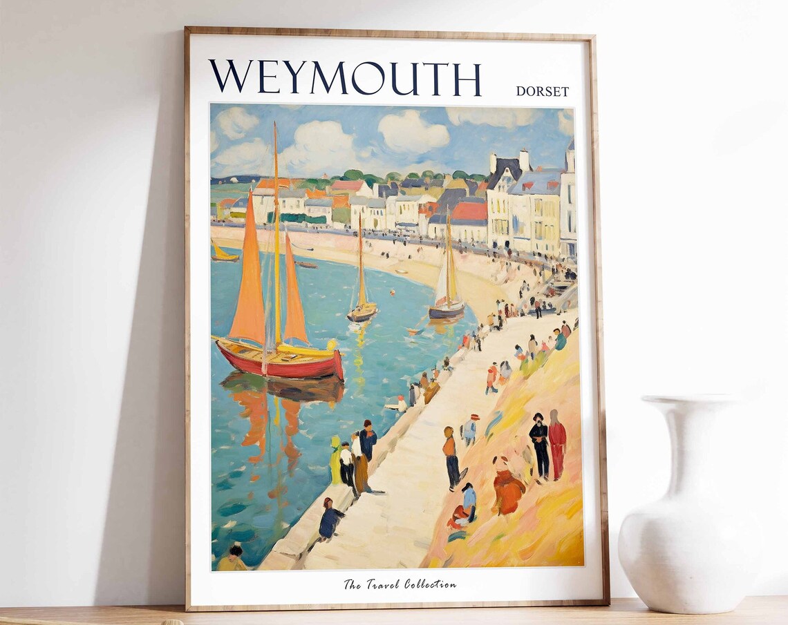 Weymouth Dorset Harbor Sailboats Promenade Crowd Travel Poster