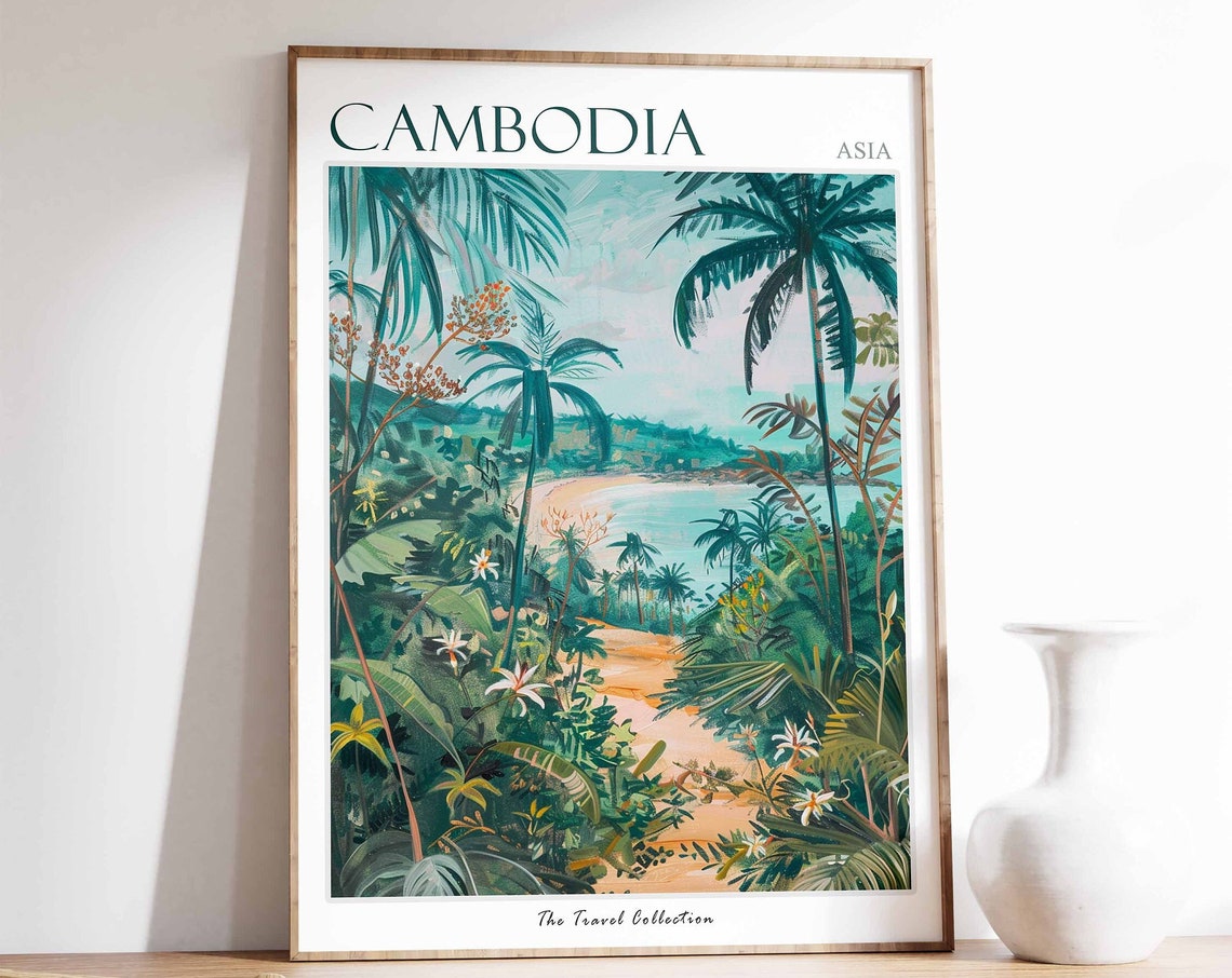 Cambodia Asia Tropical Beach Through Jungle Palms Travel Poster