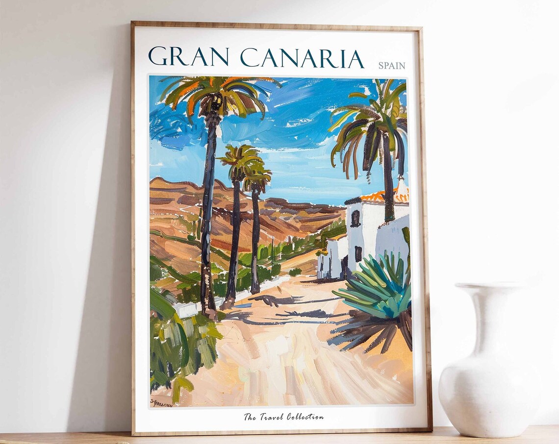 Gran Canaria Spain Palm Trees White Village Island Travel Poster