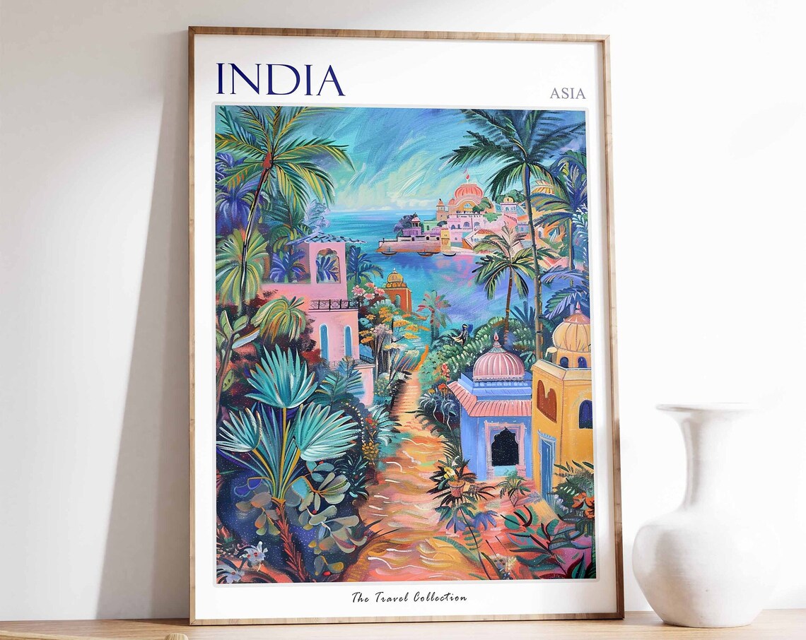 India Asia Colorful Palace Coastline Illustrated Travel Poster