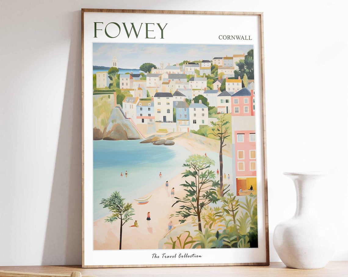 Fowey Cornwall Coastal Harbor Town Pastel Beach Travel Poster