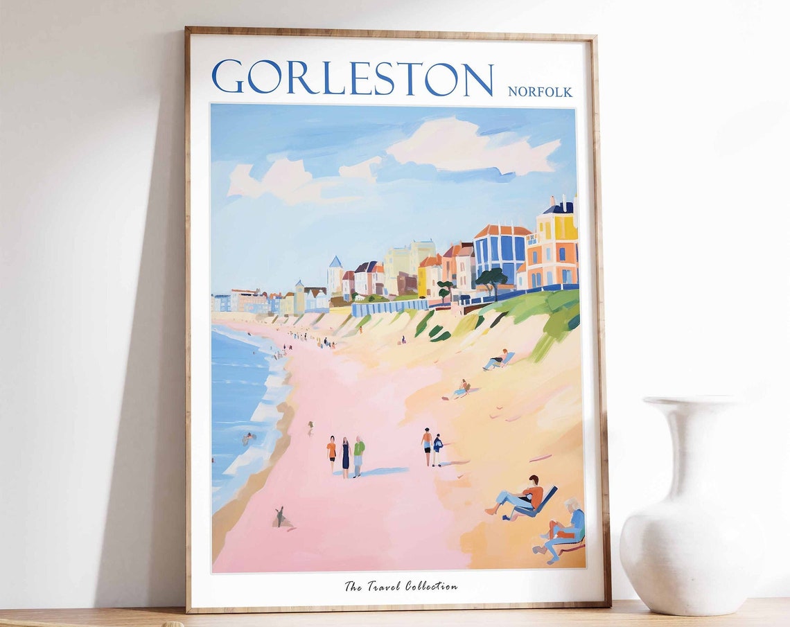 Gorleston Norfolk Pink Sandy Beach Seafront Town Sunbathers Poster