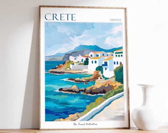 Crete Poster Crete Travel Print Greek Travel Poster Tropical Decor Beach Art Travel Gift Floral Print Coastal Decor Coast Wall Art