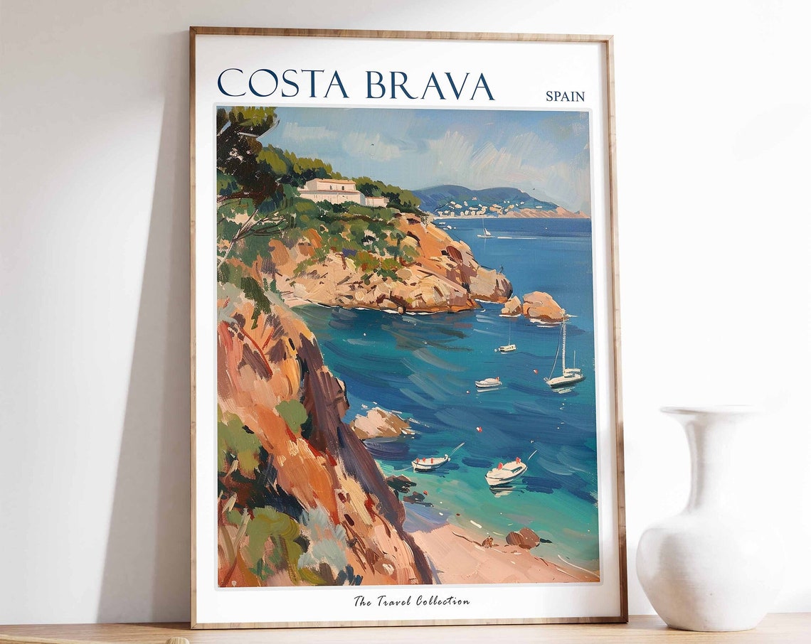 Costa Brava Spain Rocky Cove Sailboats Cliffs Painted Travel Poster