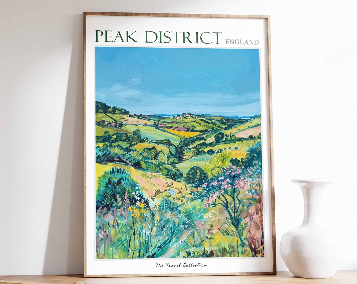 Peak District England Rolling Hills Meadow Wildflowers Painting Poster