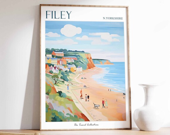 Filey Poster Filey Travel Print North Yorkshire Travel Poster British Decor Tropical Decor Sea Print Filey Gift Filey Travel Poster