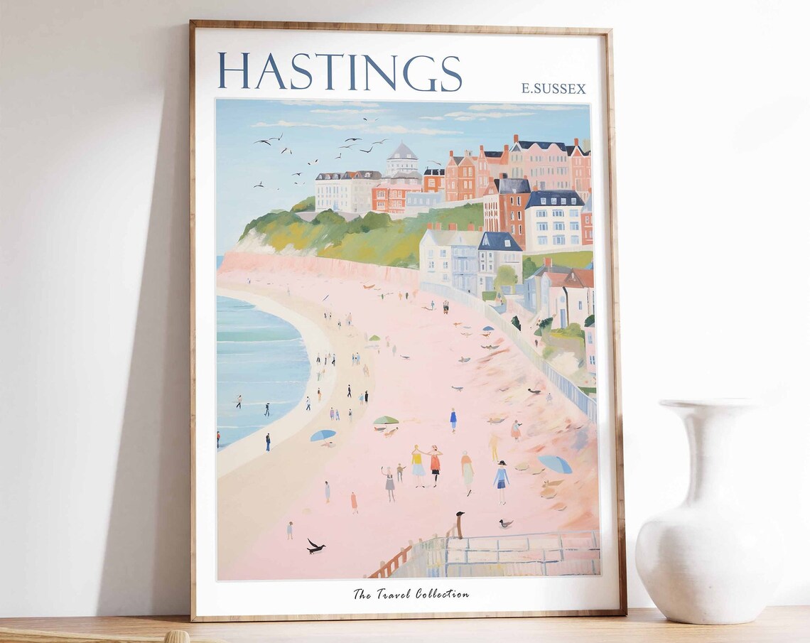 Hastings Pink Sand Beach White Cliffs East Sussex Travel Poster