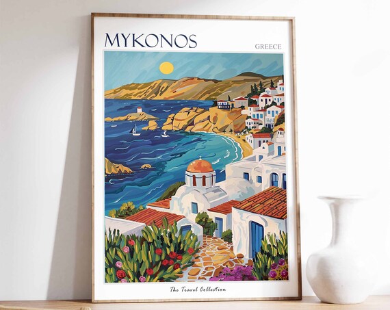 Mykonos Poster Mykonos Travel Print Greece Travel Poster Tropical Decor Beach Art Travel Gift Floral Print Coastal Decor