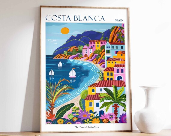 Costa Blanca Poster Costa Blanca Travel Print Spain Travel Poster Tropical Decor Beach Art Travel Gift Floral Print Botanical Print