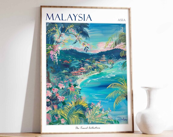 Malaysia Travel Poster Malaysia Travel Print Tropical Decor Botanical Wall Art Oriental Travel Poster Asian Art Malaysian Gift