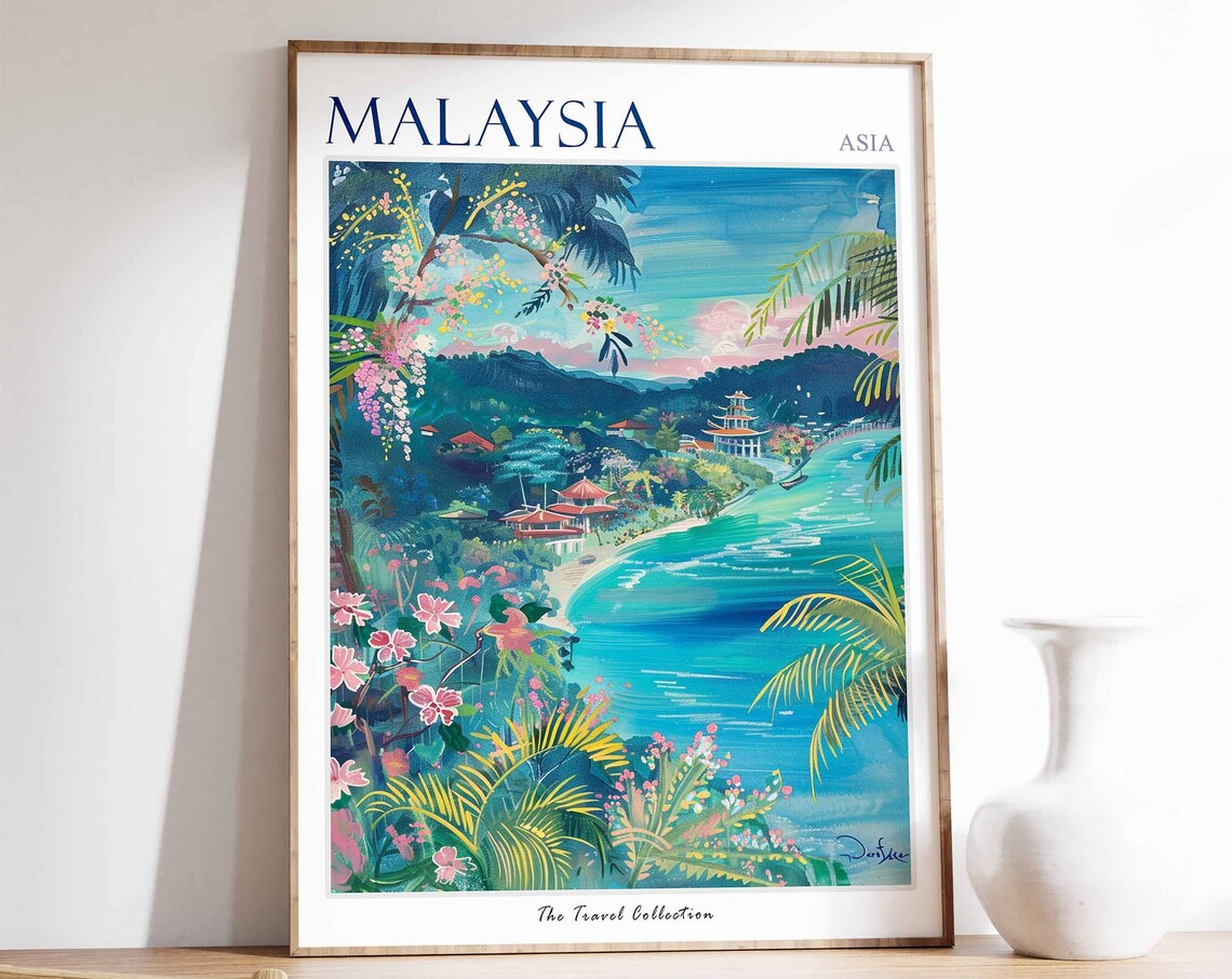 Malaysia Asia Tropical Beach Palm Pagoda Shore Flowers Art Poster