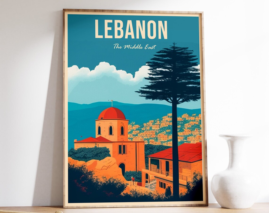 Lebanon Middle East Cedar Tree Stone Church Retro Travel Poster