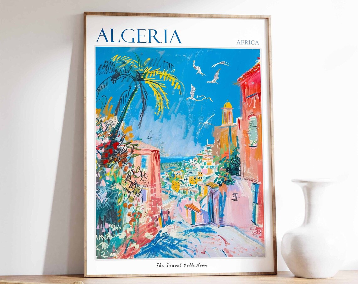 Algeria Africa Vibrant Coastal Street Palms Scene Travel Poster