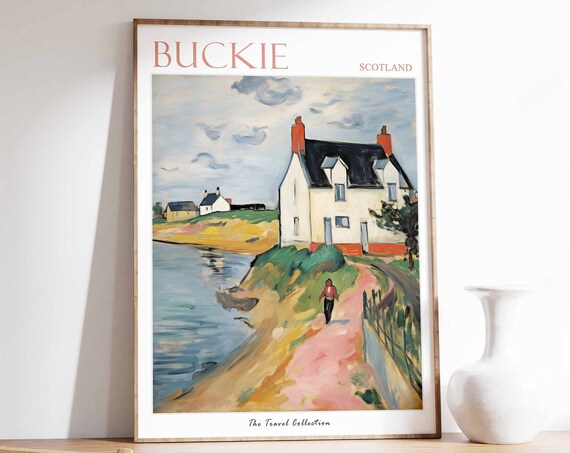 Buckie Scotland Cottage Riverside Path Figure Painting Poster