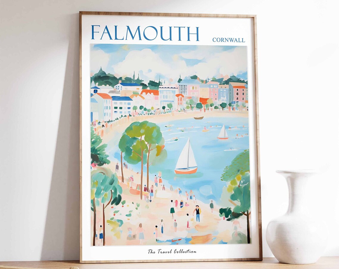 Falmouth Cornwall Town above Bay Sailboat Vintage Travel Poster