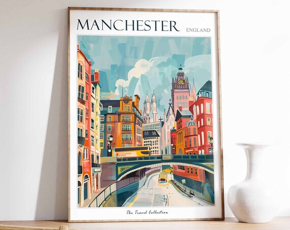 Manchester Poster Manchester Travel Print Tropical Decor City Wall Art British Decor England Travel Print Manchester Gift
