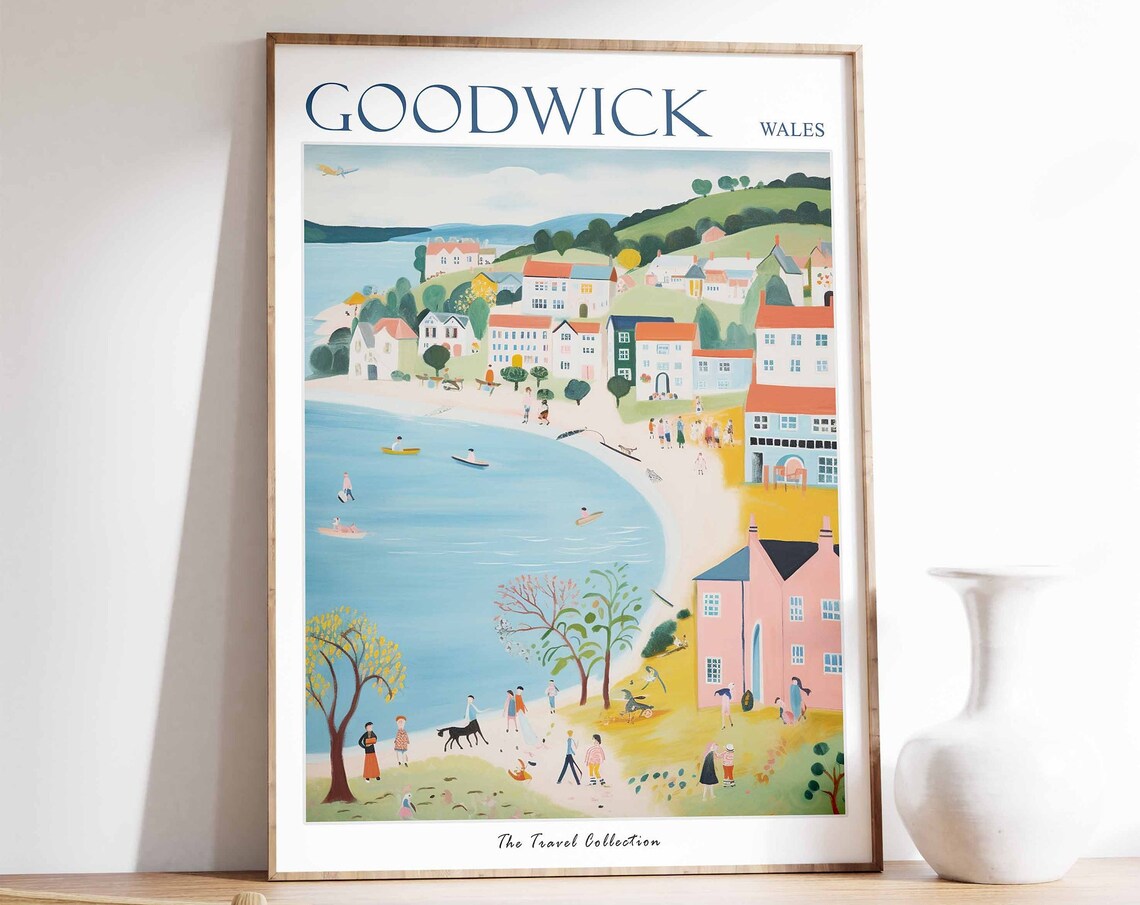 Goodwick Wales Folk Art Hillside Town Bay Boats Family Poster