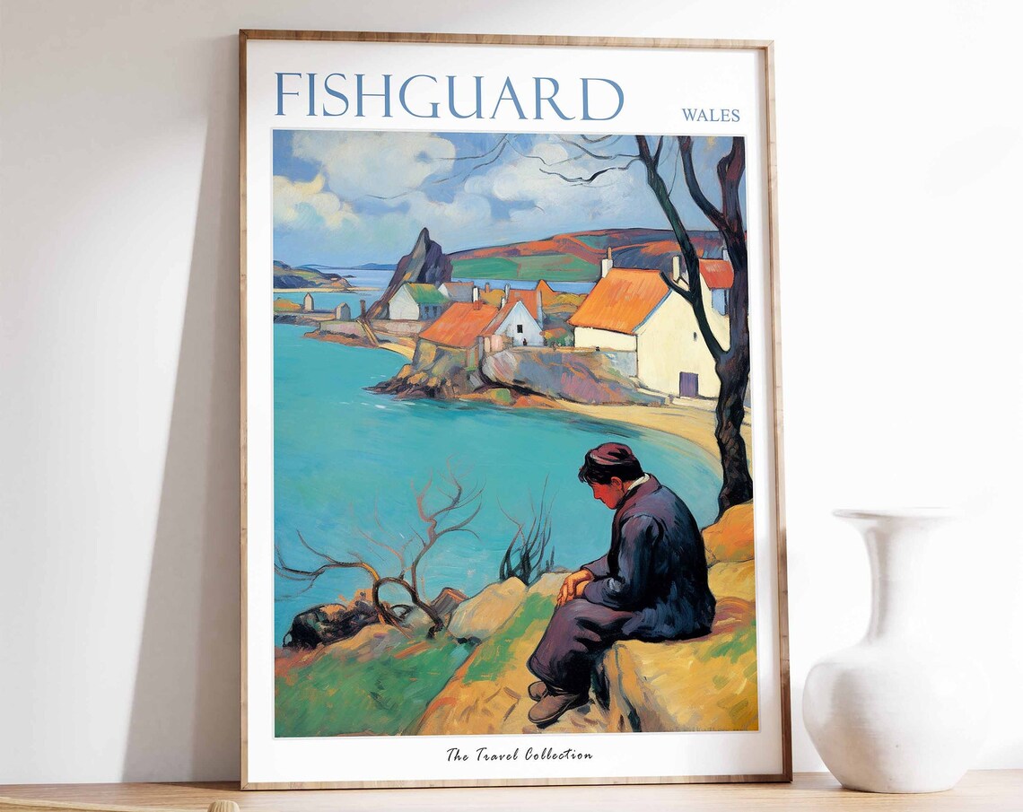Fishguard Wales Harbour Man on Cliff Scene Vintage Travel Poster