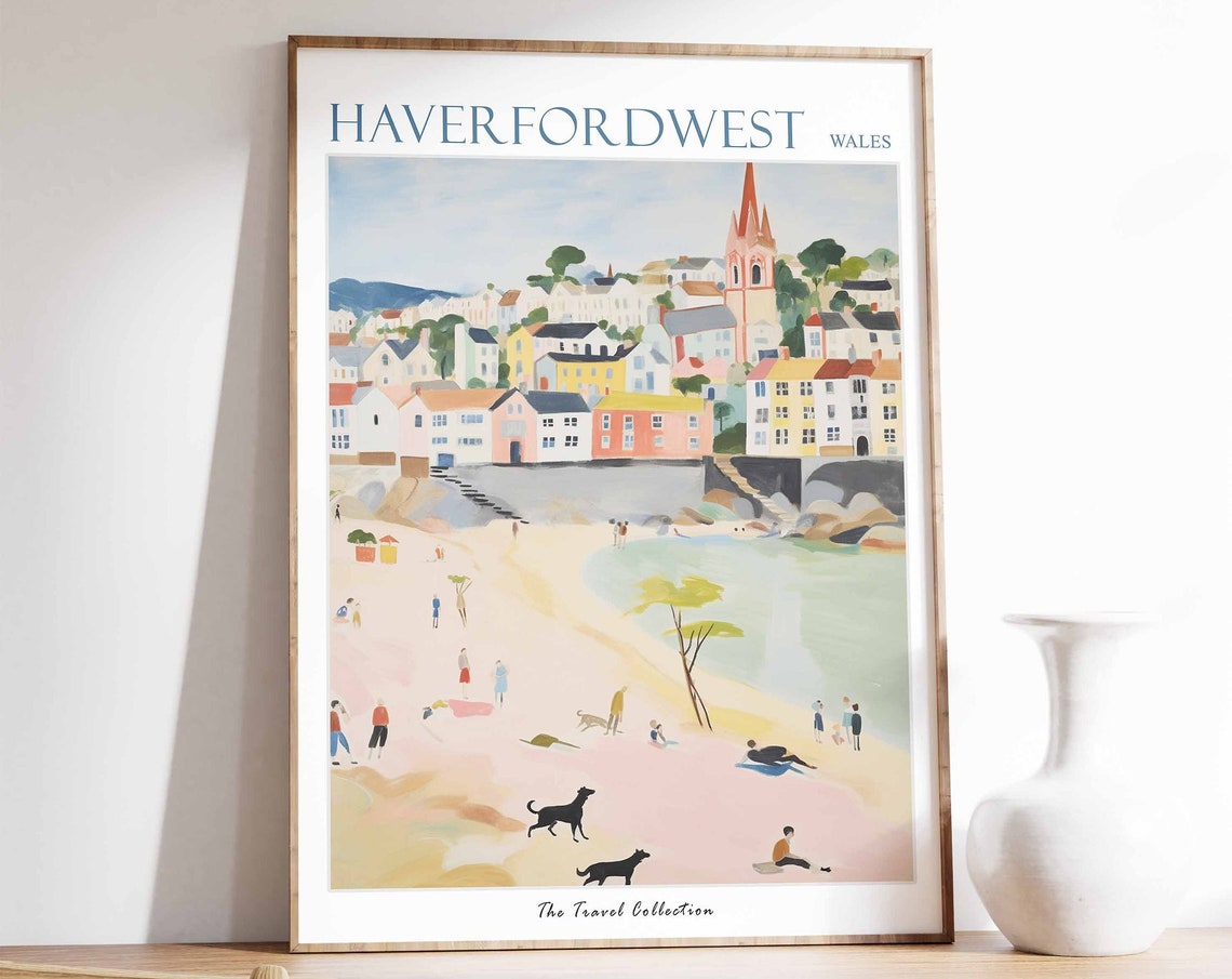 Haverfordwest Wales Pink Beach Red Spired Church Dog Walkers Poster