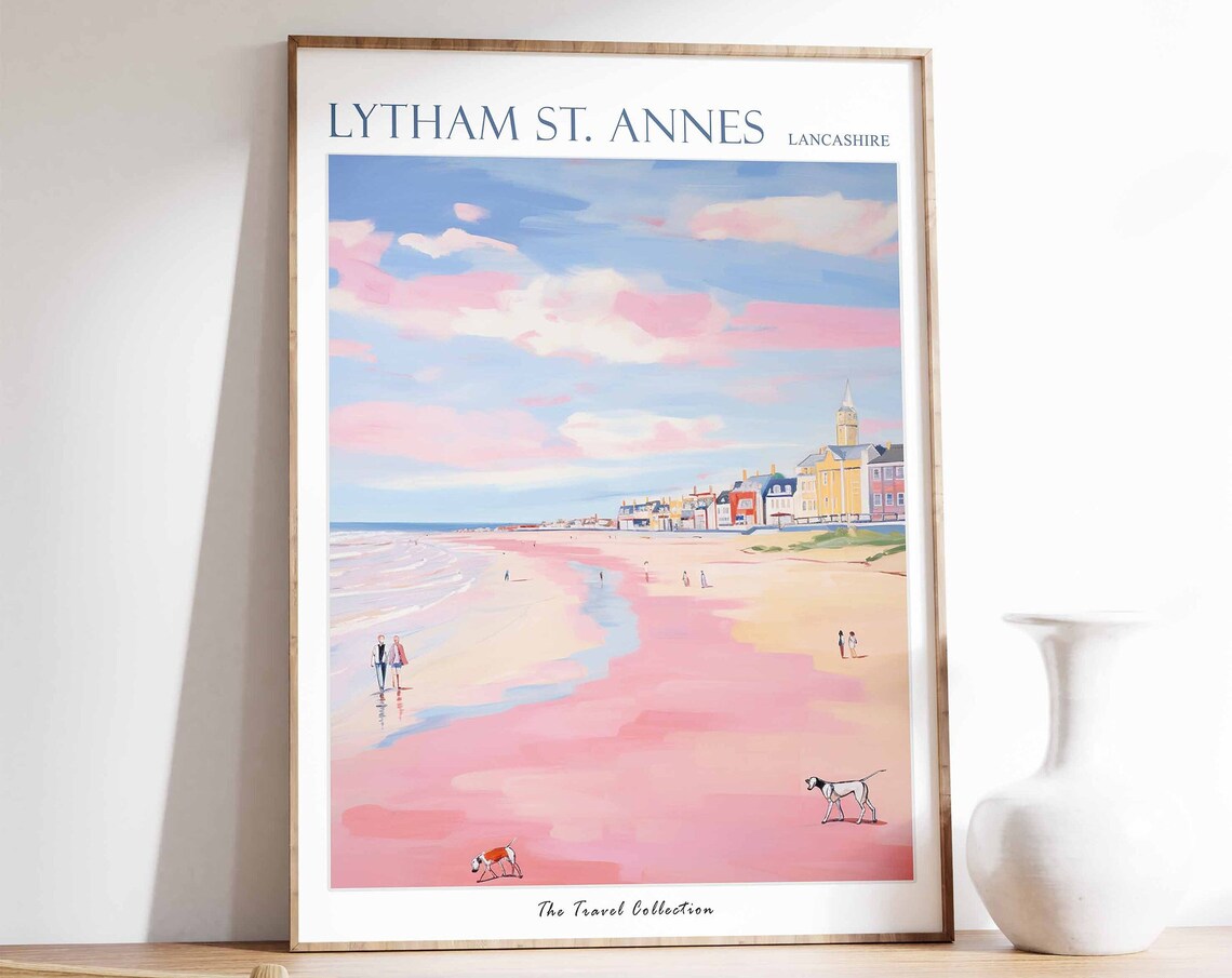Lytham St. Annes Lancashire Pastel Pink Beach Dogs Travel Poster