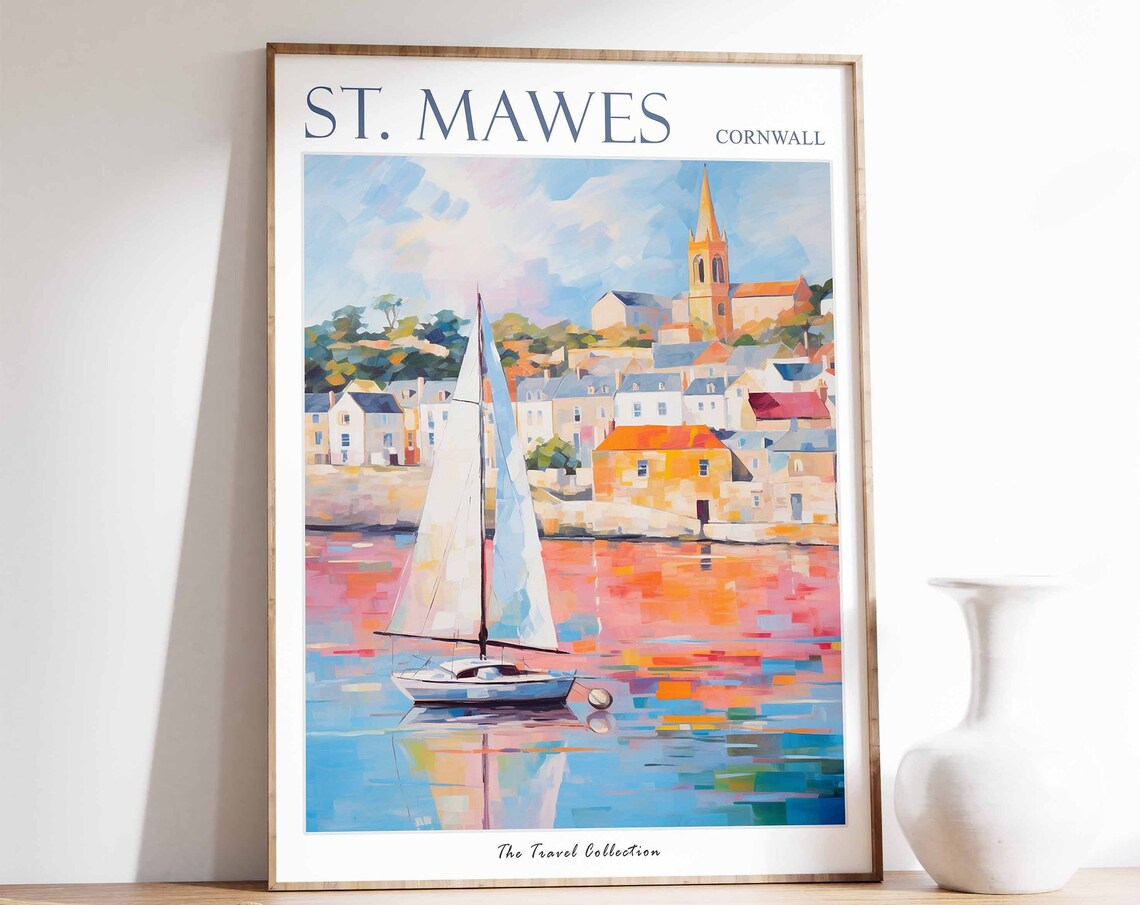 St Mawes Cornwall Sailboat Church Spire Scene Vintage Travel Poster
