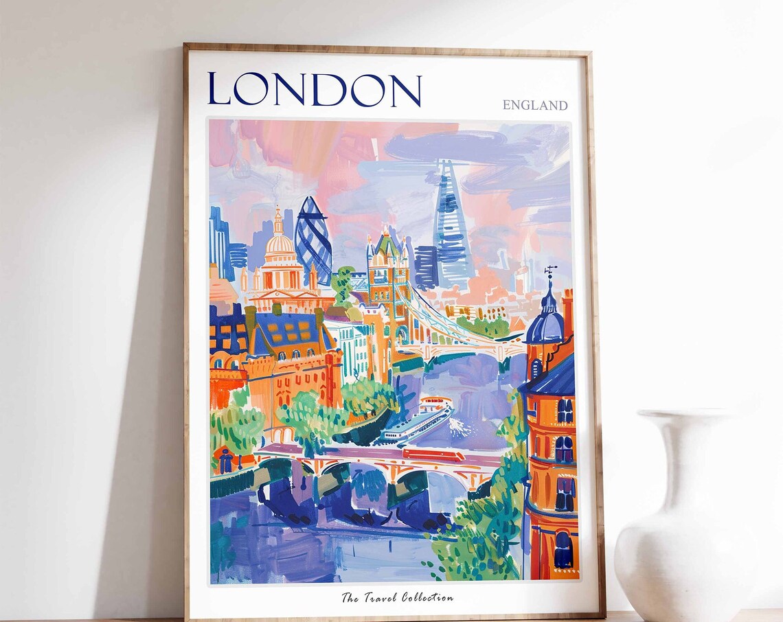 London England Thames Skyline Tower Bridge Modern Travel Poster