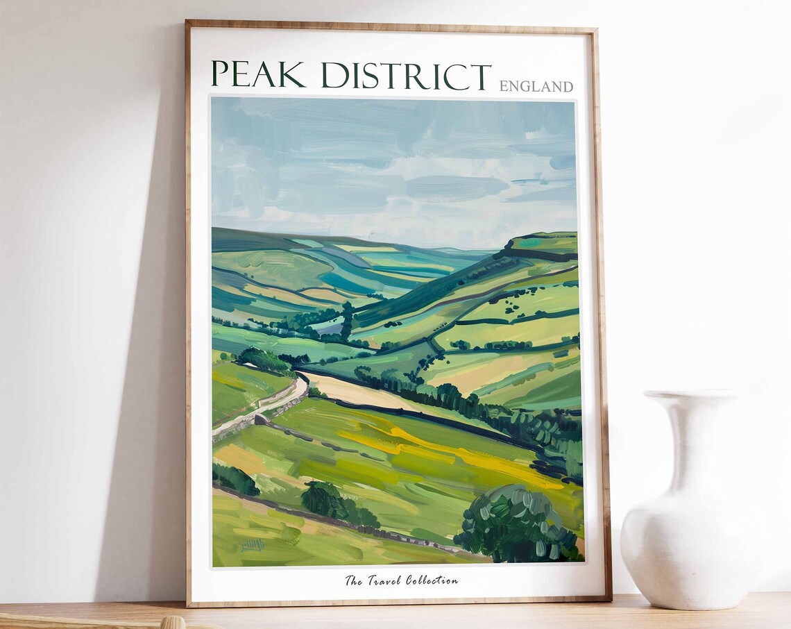 Peak District England Green Hills Countryside Painted Travel Poster
