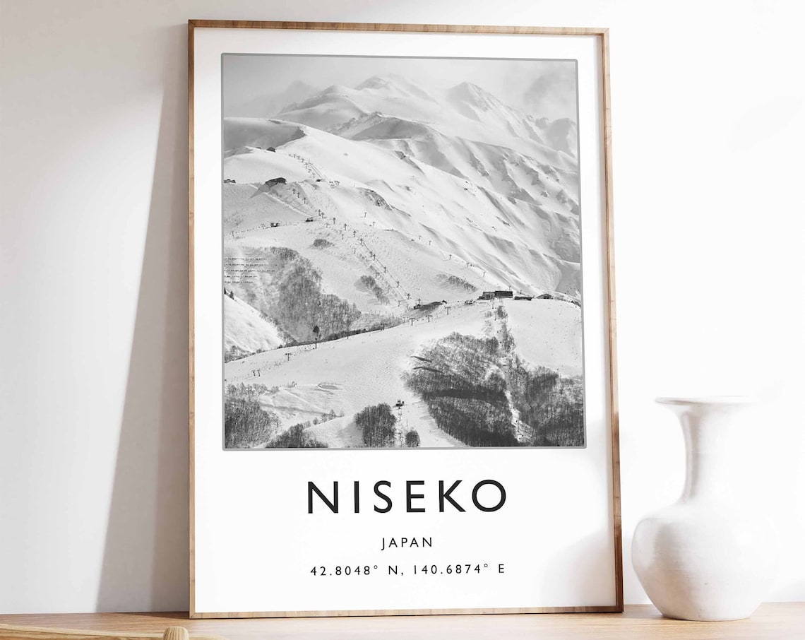 Niseko Japan Poster Black White Ski Slopes Photo Mountain Coordinates