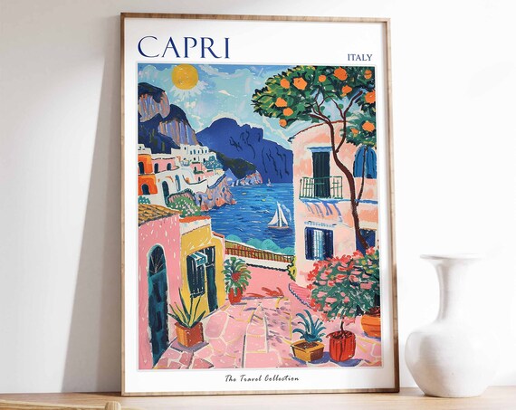 Capri Poster Capri Travel Print Italy Travel Poster Tropical Decor Beach Art Travel Gift Floral Print Botanical Print