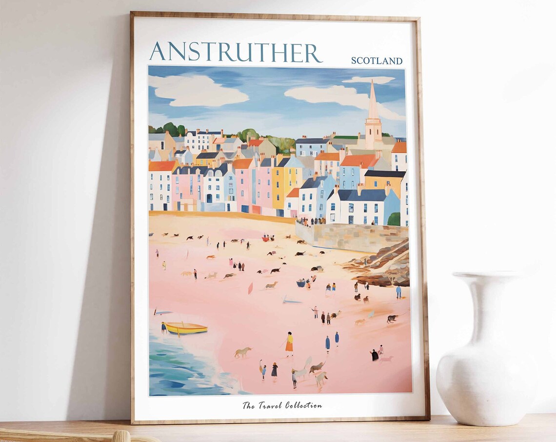 Anstruther Scotland Pastel Beach Town Illustration Travel Poster