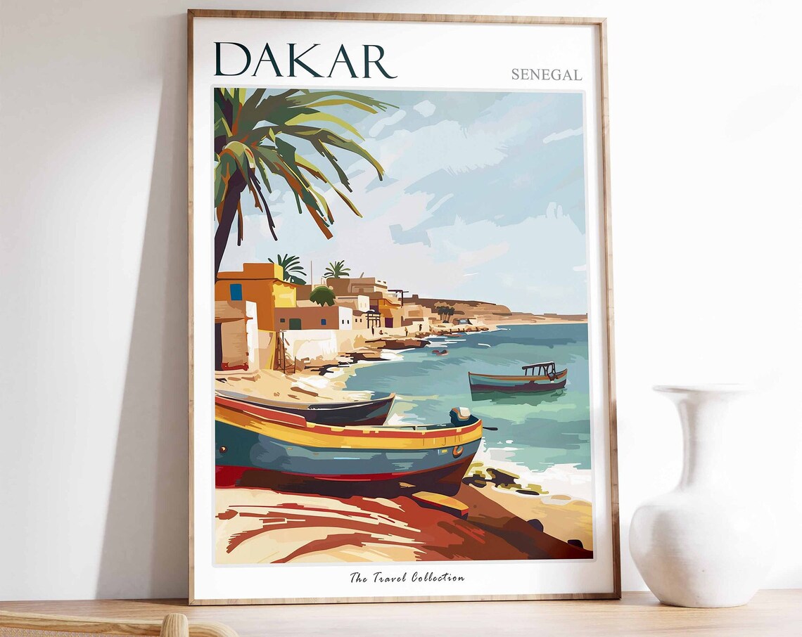 Dakar Senegal Fishing Boats Beach Colorful African Art Poster