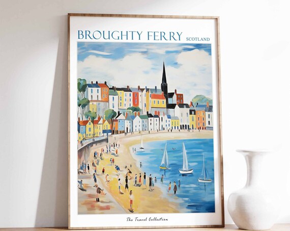 Broughty Ferry Scotland Sandy Beach Sailboats Colorful Travel Poster