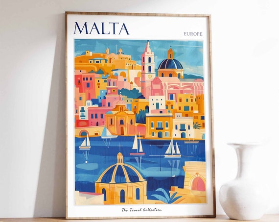 Malta Travel Poster, Tropical Sea Wall Art Print