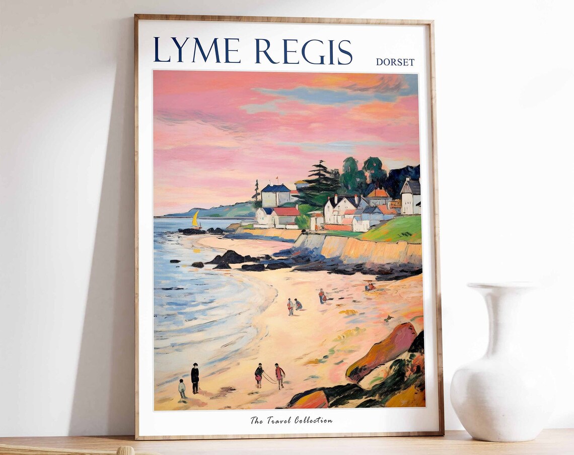 Lyme Regis Dorset Sunset Beach Walkers Painting Travel Poster