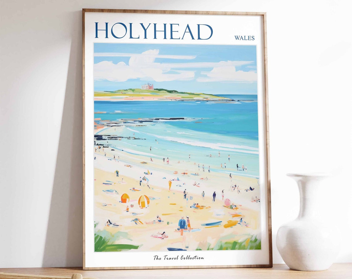 Holyhead Wales Sandy Beach Umbrellas Turquoise Sea View Poster