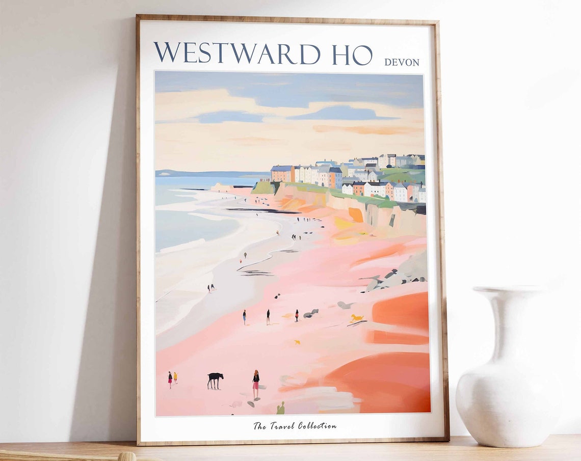 Westward Ho Devon Pink Sandy Beach Cliffs Seaside Town Coast Poster