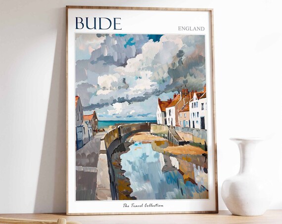 Bude Travel Poster Bude Travel Print Cornwall Travel Poster Coastal Travel Print Tropical Decor Botanical Wall Art Bude Gift Bude Art