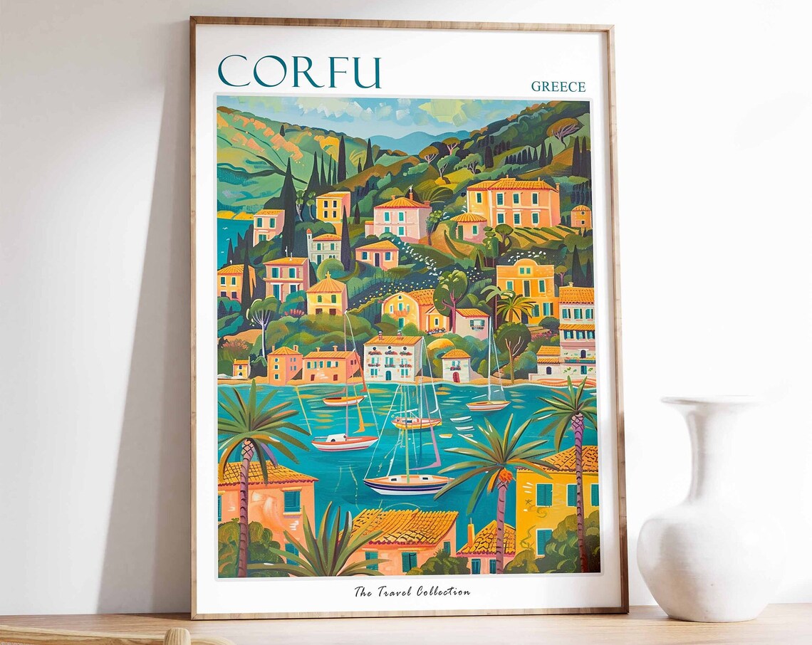 Corfu Greece Island Harbor Travel Poster Colorful Coast Artwork