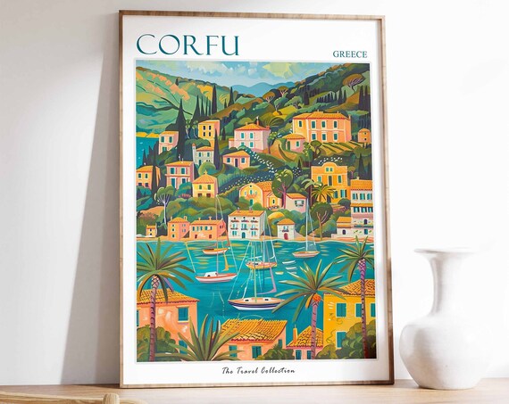 Corfu Poster Corfu Travel Print Greece Travel Poster Tropical Decor Beach Art Floral Print Botanical Art Travel Wall Art